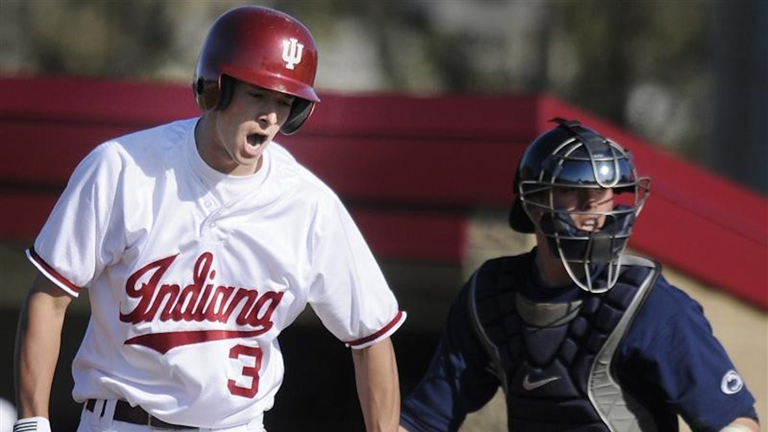 IU junior Jake Dunning yells at himself in frustration after being struck out swinging with the bases loaded in the bottom of the ninth inning during a game Friday, April 17, 2009 at Sembower Field. IU lost 9-7.