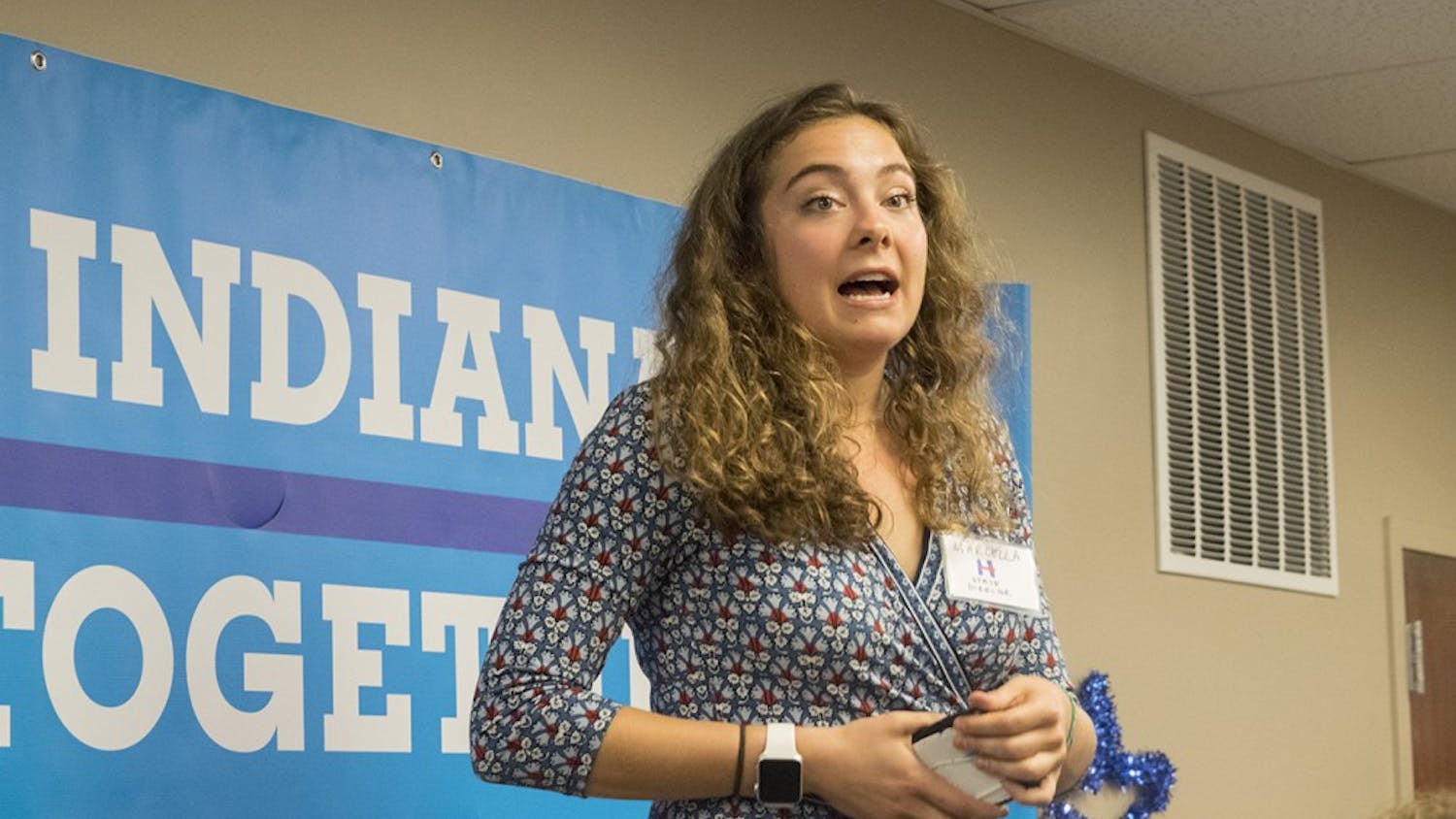 Marcella Jewel speaks at the rally Wednesday night to launch the local Hillary Clinton campaign quarters. Jewel is the state director in Indiana for Clinton’s campaign.