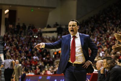 IU men’s basketball Coach Archie Miller yells at the referee after a foul wasn’t called during the game against University of California, Davis on Nov. 23 in Simon Skjodt Assembly Hall.