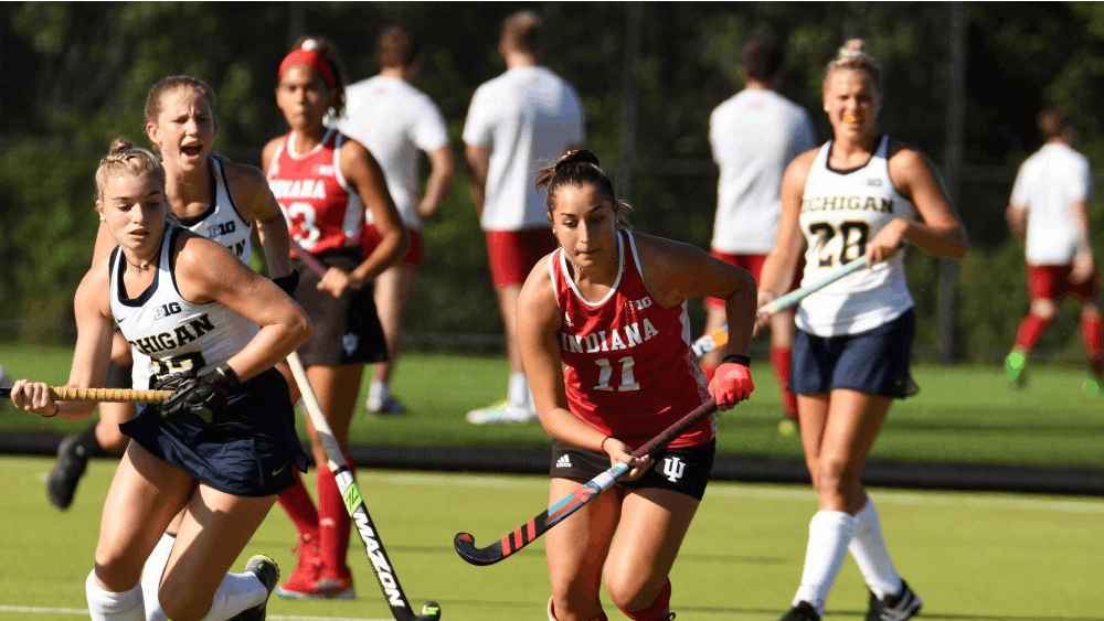 Sophomore forward Sam Scire tracks down a ball against Michigan on Friday afternoon at the IU Field Hockey Complex. IU lost to No. 3 Michigan, 2-0, and to Michigan State, 3-2, this past weekend.&nbsp;