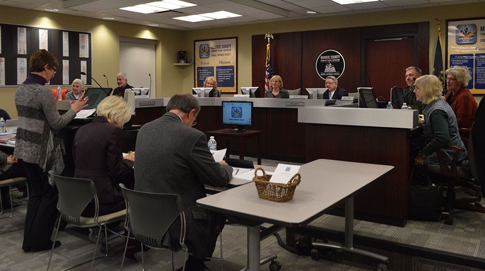 Cyrilla Helm, Executive Director of the Foundation of Monroe County Community Schools, addresses the Board of School Trustees of the Monroe County Community School Corporation on Tuesday at the MCCSC Administration Center.