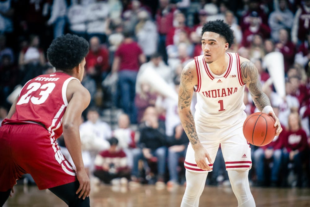 <p>Freshman guard Jalen Hood-Schfino looks to pass the ball Jan. 14, 2023 at Simon Skjodt Assembly Hall in Bloomington, Indiana. </p>