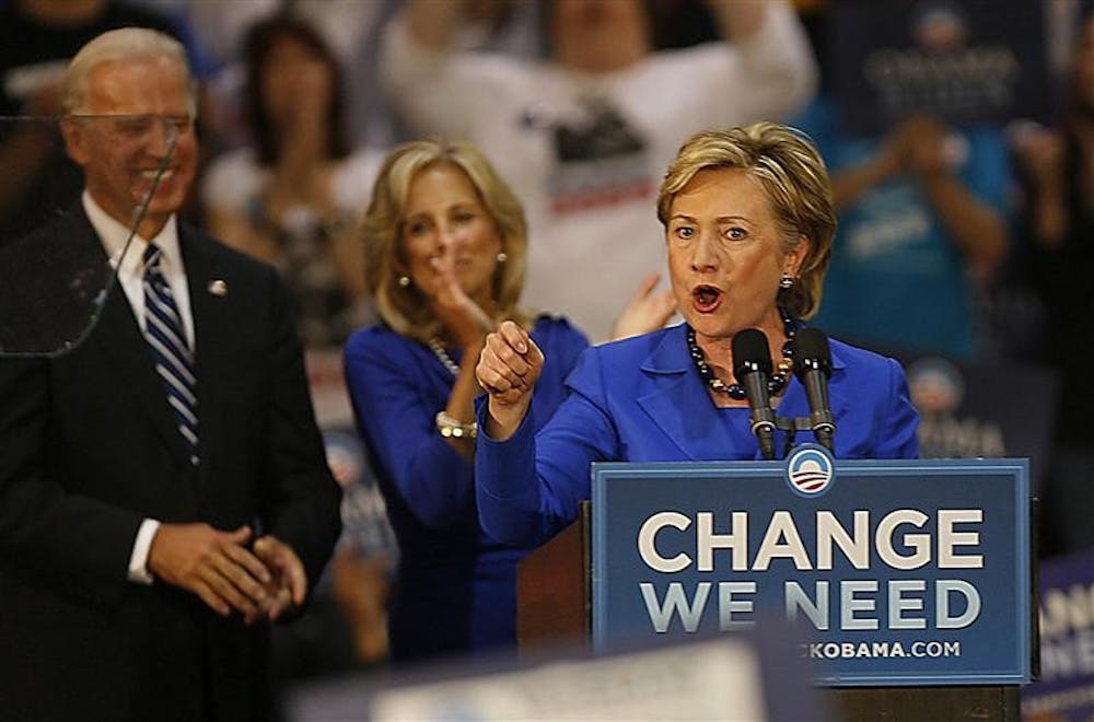 Sen. Hillary Rodham Clinton, D-N.Y. speaks during a campaign rally on Sunday in downtown Scranton, Pa., as Democratic vice presidential candidate, Sen. Joe Biden, D-Del. left, and his wife Jill Biden listen.