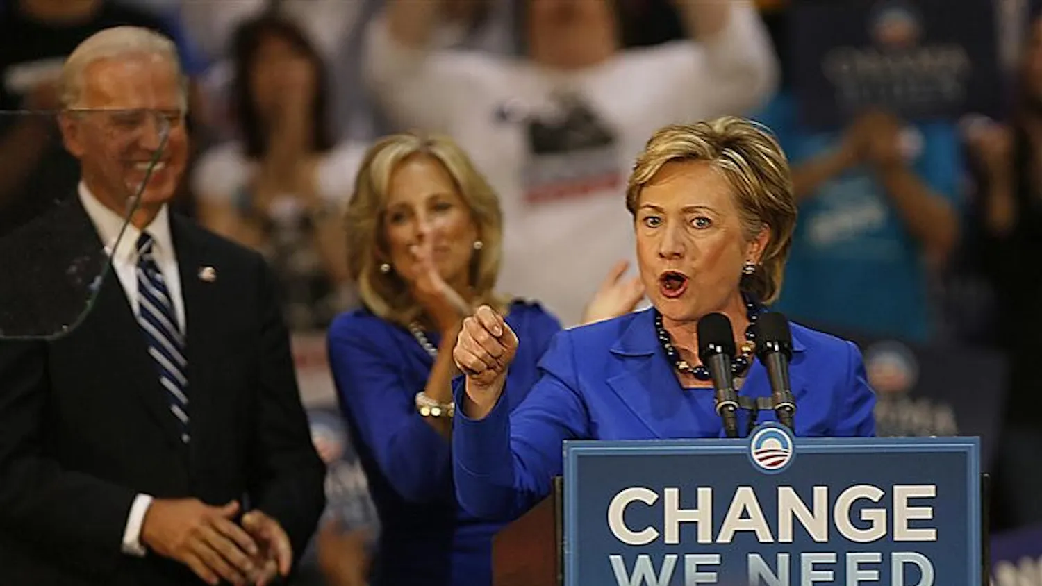 Sen. Hillary Rodham Clinton, D-N.Y. speaks during a campaign rally on Sunday in downtown Scranton, Pa., as Democratic vice presidential candidate, Sen. Joe Biden, D-Del. left, and his wife Jill Biden listen.