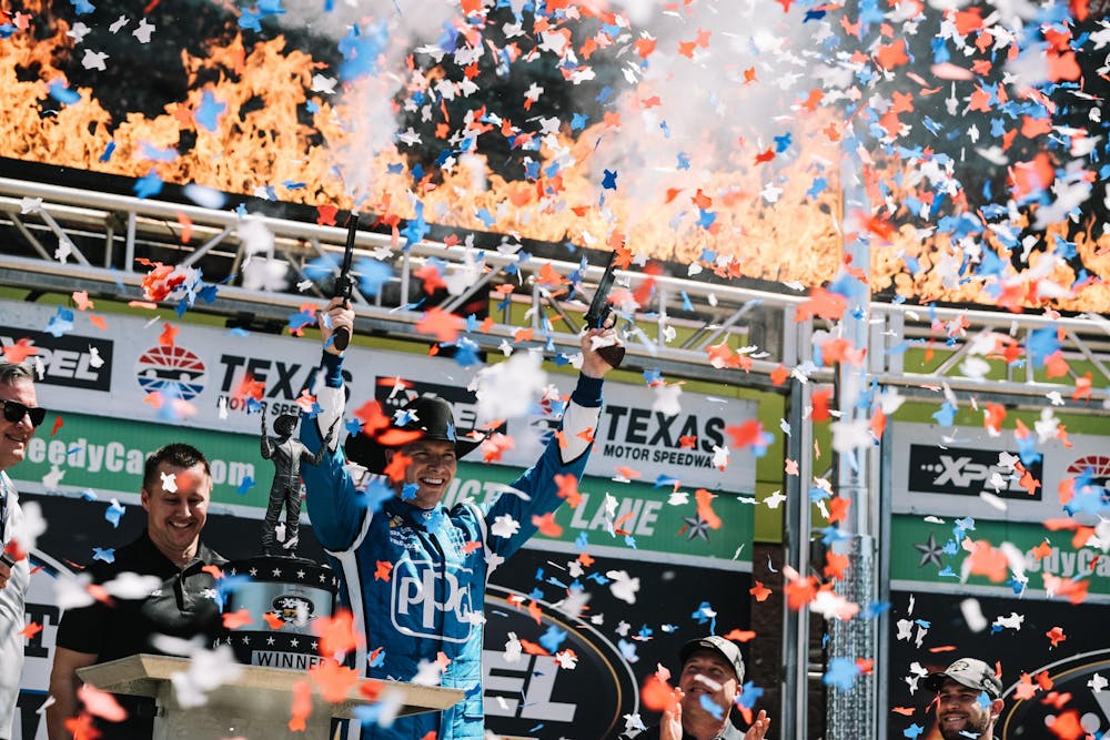 Josef Newgarden celebrates after winning the XPEL 375 on March 20, 2022, at Texas Motor Speedway in Fort Worth, Texas. Newgarden passed Scott McLaughlin on the last corner of the last lap for his first victory of the season.