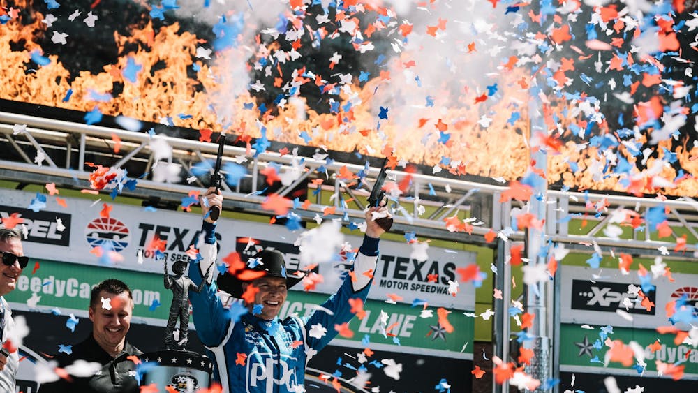 Josef Newgarden celebrates after winning the XPEL 375 on March 20, 2022, at Texas Motor Speedway in Fort Worth, Texas. Newgarden passed Scott McLaughlin on the last corner of the last lap for his first victory of the season.
