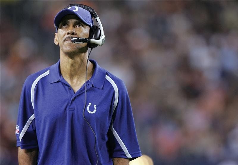 Indianapolis Colts head coach Tony Dungy looks to the sky as his team falls behind in the second half against the Broncos in Denver Aug. 27, 2005. The Broncos ended up winning, 37-24.