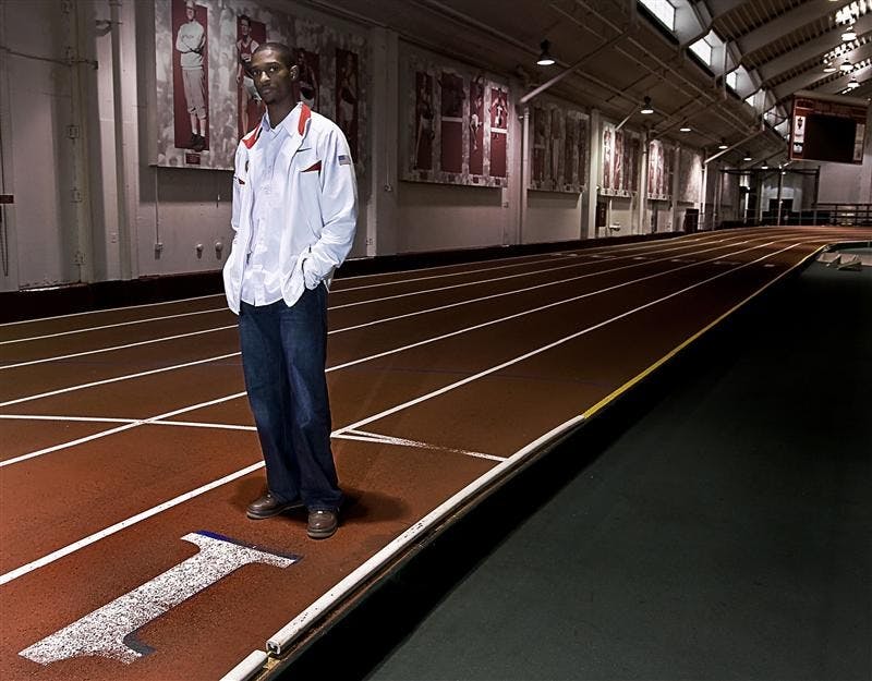 IU alumnus David Neville returned Saturday afternoon to IU after competing in the 2008 Beijing Olympics.  Neville won a bronze and a gold medal in the 400-meter dash and the 4 X 100-meter relay, respectively.