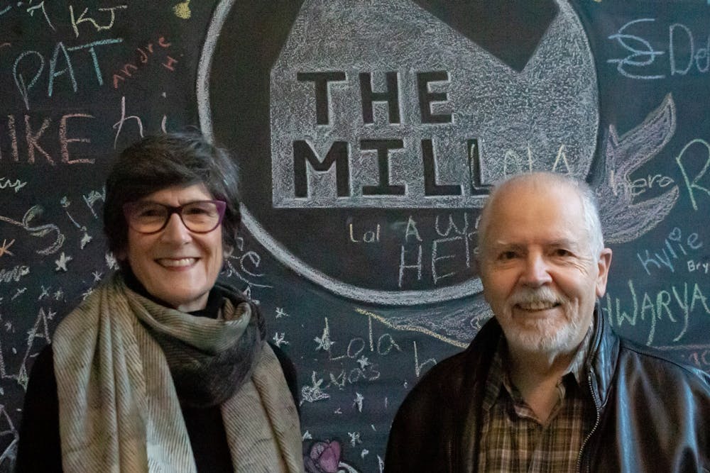Joyce and Doc Searls pose for a picture Nov. 3, 2021, inside The Mill. The Searls will be partnering with the IU Ostrom Workshop to host an event about the Bloomington Byway next week.
