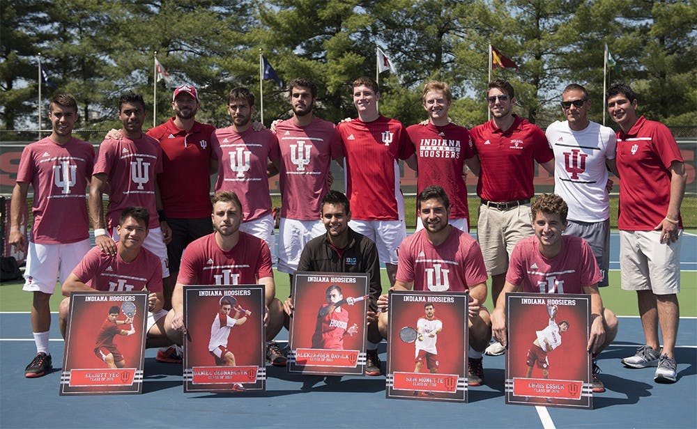 IU Men's Tennis seniors, bottom from left to right, Elliott Yee, Daniel Bednarczyk, Alekzander Davila, Sam Monette and Chris Essick are recognized for their contributions to the program on Sunday after the final home game of the season.