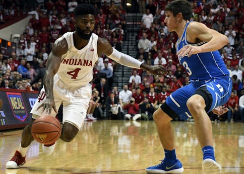 Senior guard Robert Johnson goes to the basket against Duke on Wednesday evening in Simon Skjodt Assembly Hall. No. 1 Duke defeated IU 91-81.