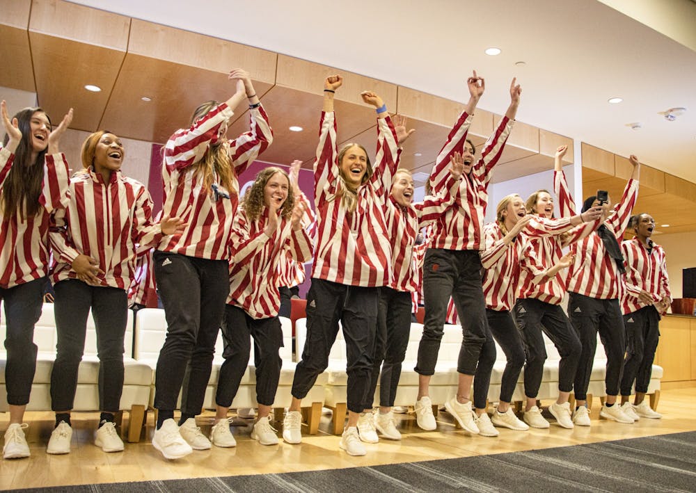 <p>The Indiana women&#x27;s basketball team celebrates getting announced on Selection Sunday on March 13, 2022, at Simon Skjodt Assembly Hall. IU Athletics is under contract with Adidas through 2024.</p>