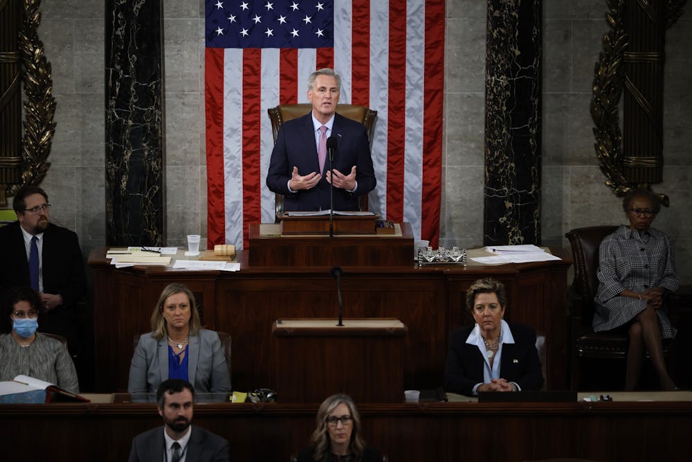 <p>U.S. Speaker of the House Kevin McCarthy, R-Calif., delivers remarks after being elected as Speaker in the House Chamber at the U.S. Capitol Building on Jan. 7, 2023, in Washington, D.C. The 118th congress voted 15 times before electing a Speaker. </p>