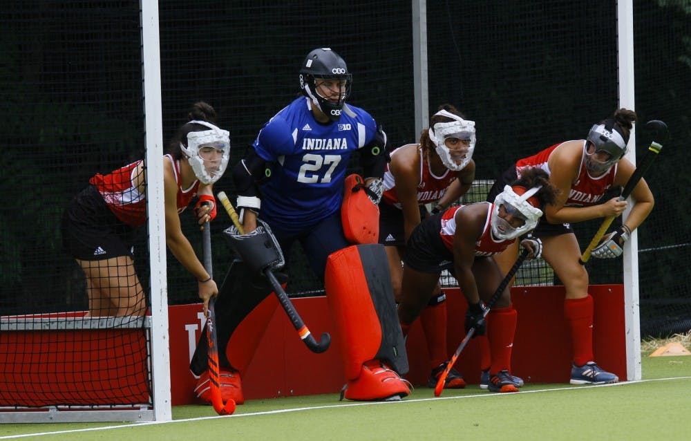 <p>The Hoosiers protect the goal from Louisville's penalty hit Friday at the IU Field Hockey Complex. IU is 1-1 on the season with two games coming in Pennsylvania this weekend.&nbsp;</p>