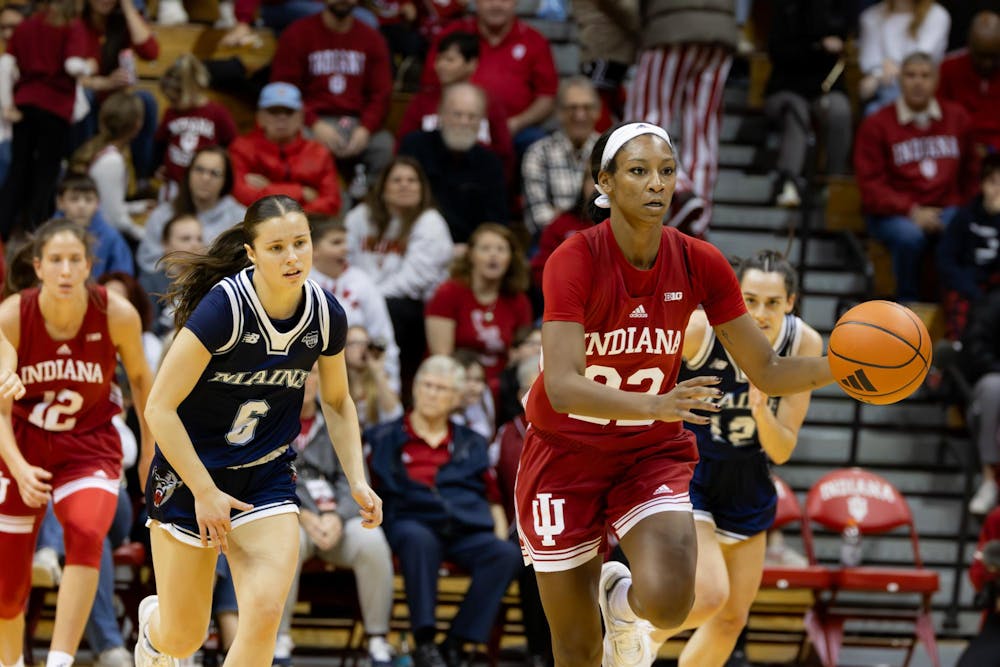 Fifth-year Senior Chloe Moore-McNeil dribbles the ball down the court against the University of Maine Black Bears Dec. 1, 2024, at Simon Skjodt Assembly Hall in Bloomington. Moore-McNeil is in her final year of playing for the IU womens basketball team.