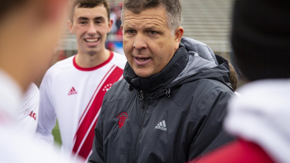 IU men&#x27;s soccer head coach Todd Yeagley talks to his team after IU defeated the University of Connecticut in the second round of the NCAA Tournament on Nov. 18, 2020, at Bill Armstrong Stadium. IU will play the winner of Milwaukee University and St. Francis College on May 2.