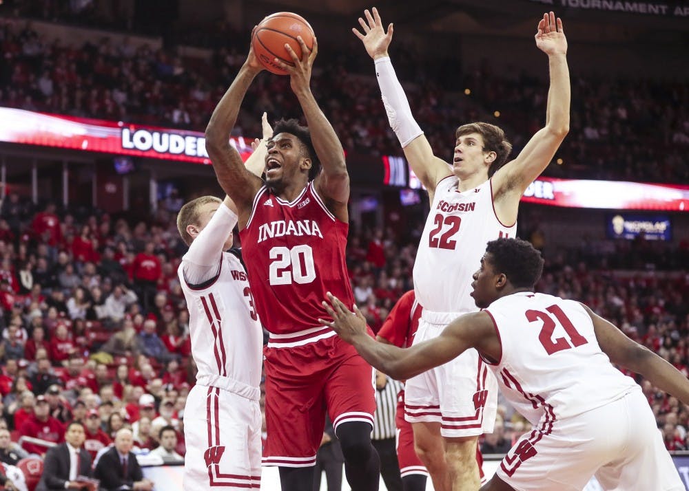 Sophomore guard De'Ron Davis charges the basket during the Hoosiers' game against the University of Wisconsin Badgers on Tuesday at the Kohl Center in Madison, Wisconsin. Davis is out for the season.&nbsp;