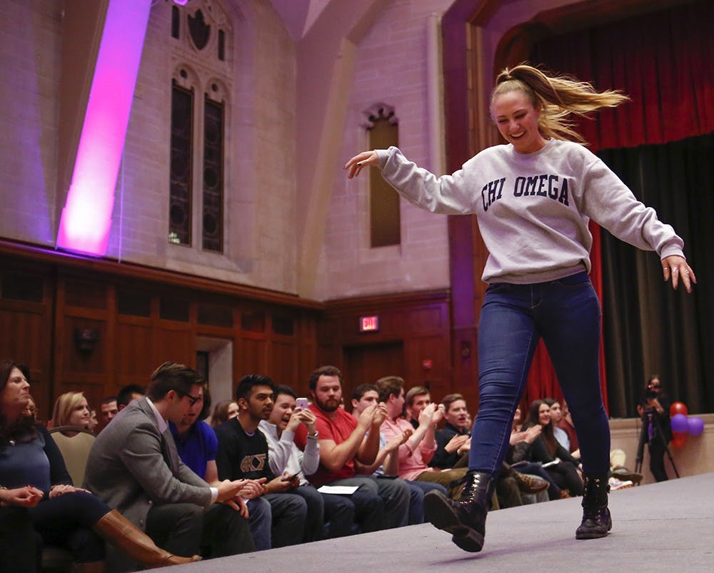 Junior Joey Andrews walks the stage Tuesday at Alumni Hall in the Indiana Memorial Union. Sophomore Mariah Smith walks on the stage Tuesday at Alumni Hall in the Indiana Memorial Union. Delta Phi Epsilon hosted "Comfortable in your Jeans Fashion Show"  to promote positve body image of women and fundraise for the the Natonal Association of Anorexia Nervosa and Associated Disorders. 25 models from different organizations participated in the show. The organizations also held a raffle event, dance and music performances, and shirt selling for fundraising. 