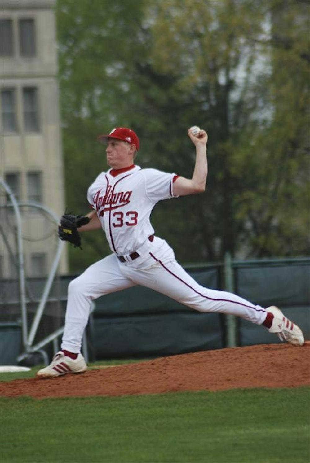 Freshman Drew Leninger pitches during the fifth inning Tuesday at Sembower Field. The Hoosiers' next game is 4 p.m. tomorrow at Purdue. 