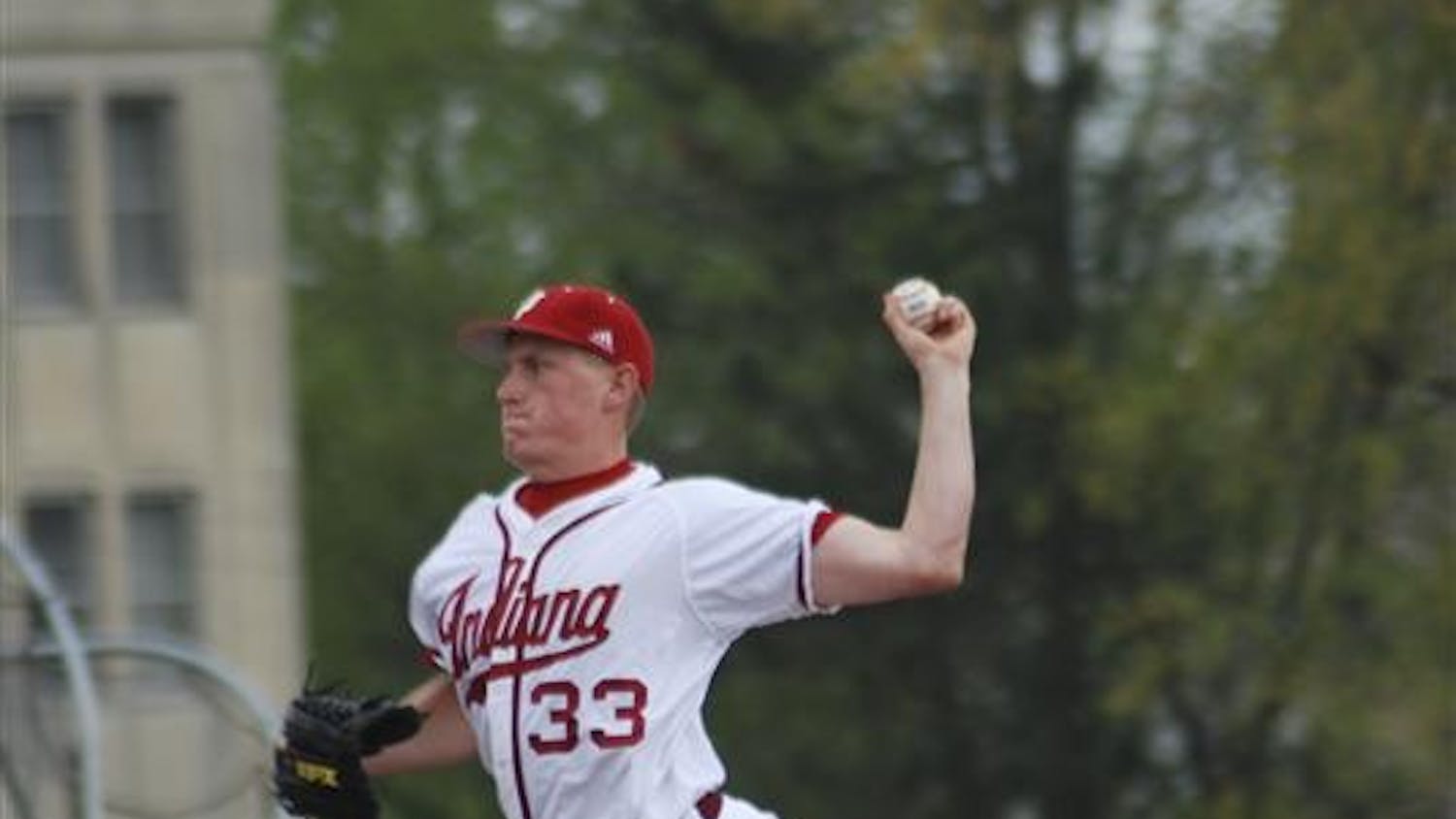 Freshman Drew Leninger pitches during the fifth inning Tuesday at Sembower Field. The Hoosiers' next game is 4 p.m. tomorrow at Purdue.
