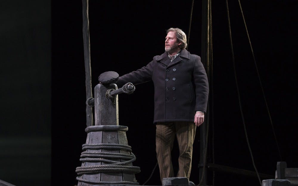 Daniel Narducci performs the role of Balstrode in the Indiana University Opera Theater Production of "Peter Grimes" by Benjamin Britten. Balstrode is a retired sea captain and tries to convince Grimes to marry Ellen Orford and leave the village.