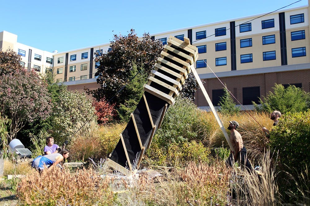 The 12 foot tall bird habitat tower at WonderLab's Lester P. Bushnell WonderGarden is one of five to be built throughout the Bloomington community next year. The habitat tower was funded by an IU Ostrom grant and built by Rusty Peterson.