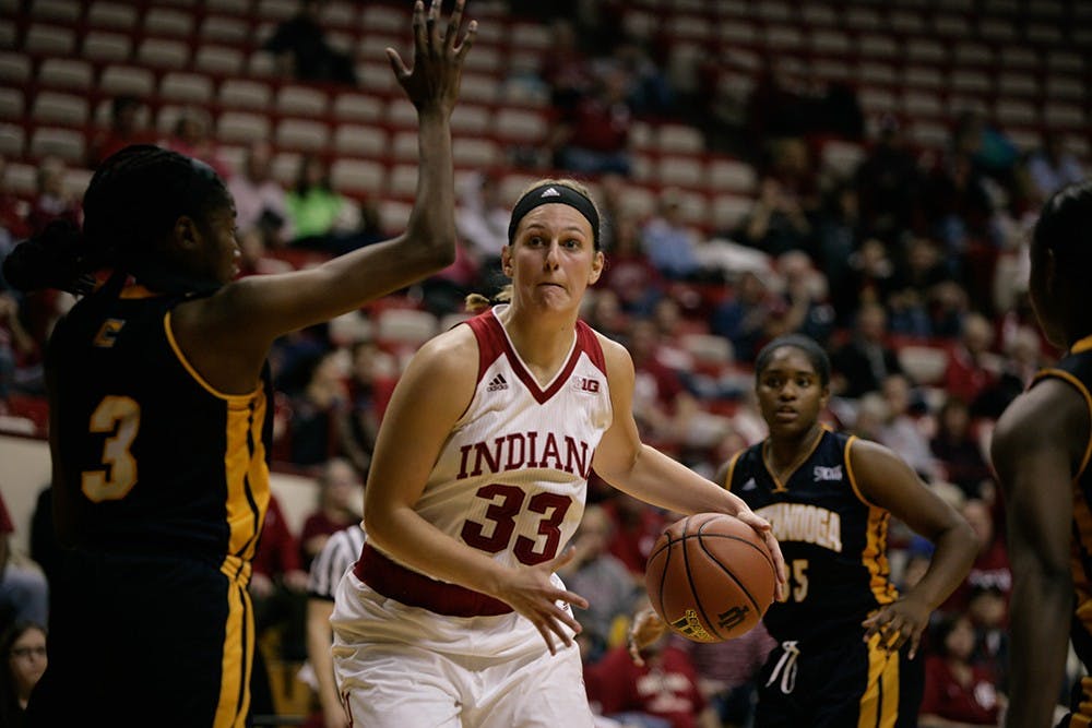 Sophomore forward Amanda Cahill moves towards the net during a game against Chattanooga on Nov. 17 at Assembly Hall. The Hoosiers won 54-43.