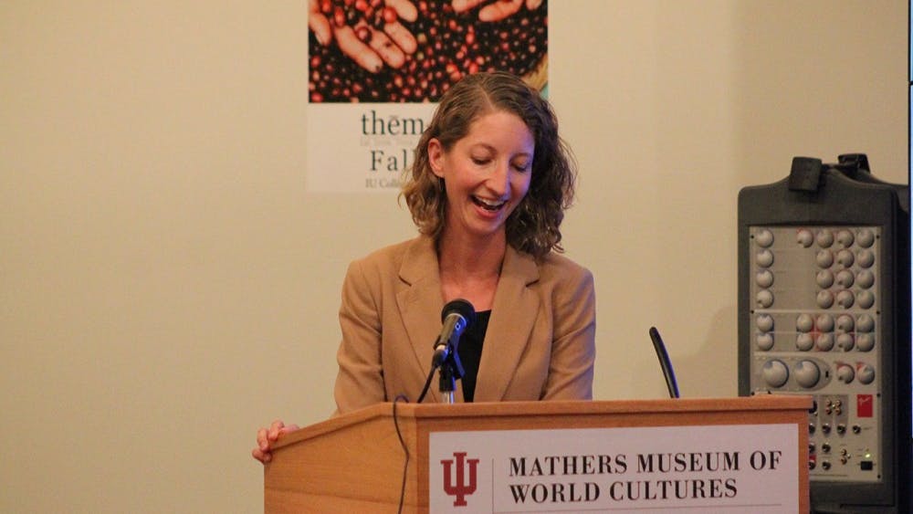 Molly Rosenberg, assistant professor in epidemiology and biostatistics for the IU School of Public Health, serves as the moderator for the question and answer session of a panel discussion on Health, Healing, and the Arts at the Mathers Museum.
