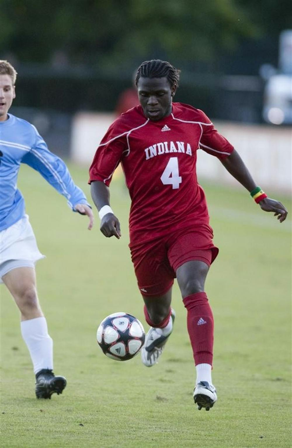 Ofori Sarkodie dribbles the ball downfield against a Butler defender Wednesday, Oct. 7 at Bill Armstrong Stadium.