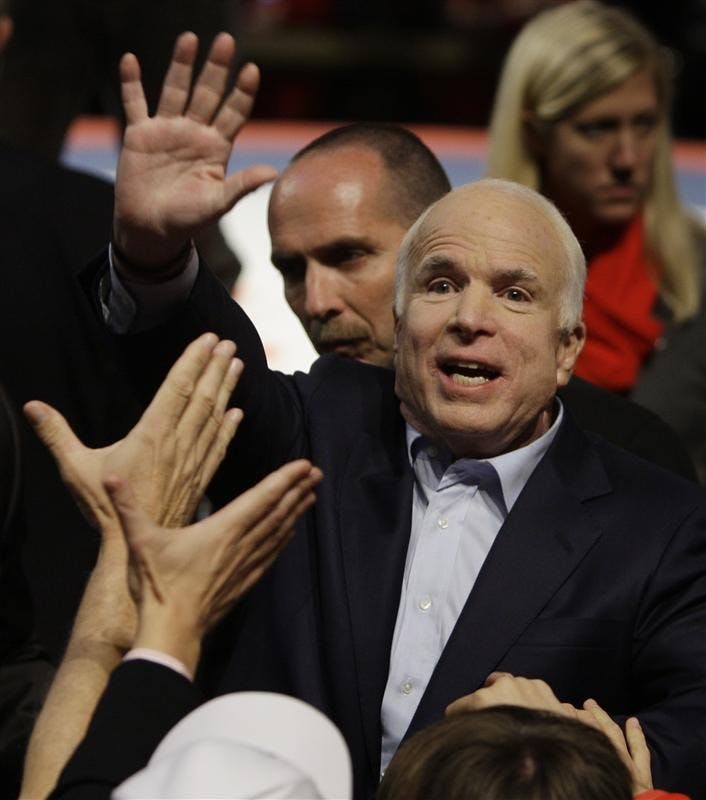 Republican presidential candidate Sen. John McCain, R-Ariz., greets supporters at a rally at the Nationwide Arena on Friday in Columbus, Ohio.