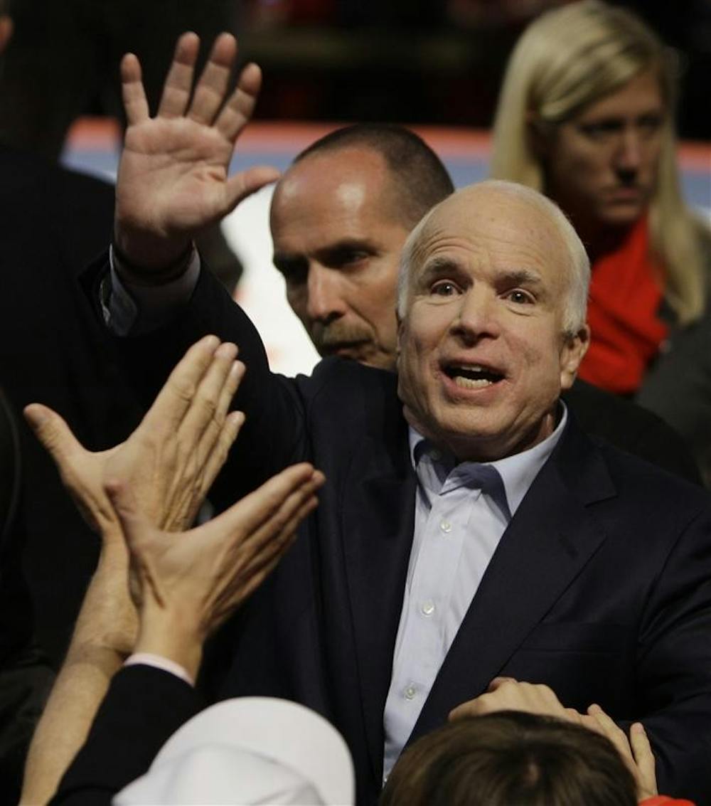 Republican presidential candidate Sen. John McCain, R-Ariz., greets supporters at a rally at the Nationwide Arena on Friday in Columbus, Ohio.