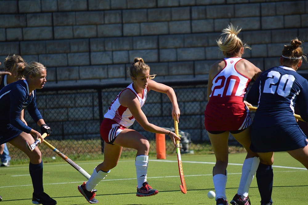 Sophomore midfielder Taylor Pearson takes a shot on goal during the game against Penn State Saturday at the IU Field Hockey Complex. The Hoosiers beat the Nittany Lions 1-0.