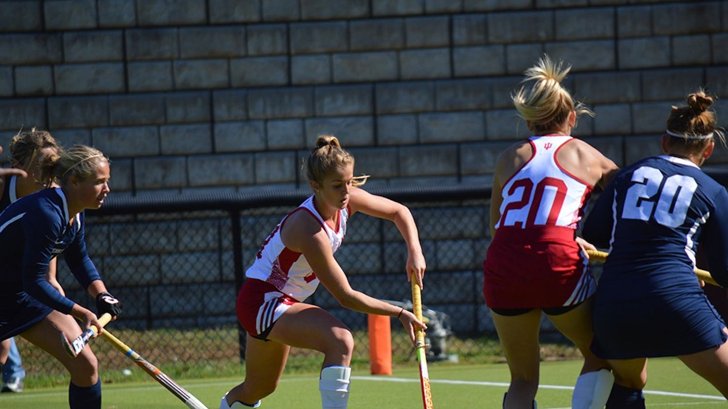 Sophomore midfielder Taylor Pearson takes a shot on goal during the game against Penn State Saturday at the IU Field Hockey Complex. The Hoosiers beat the Nittany Lions 1-0.