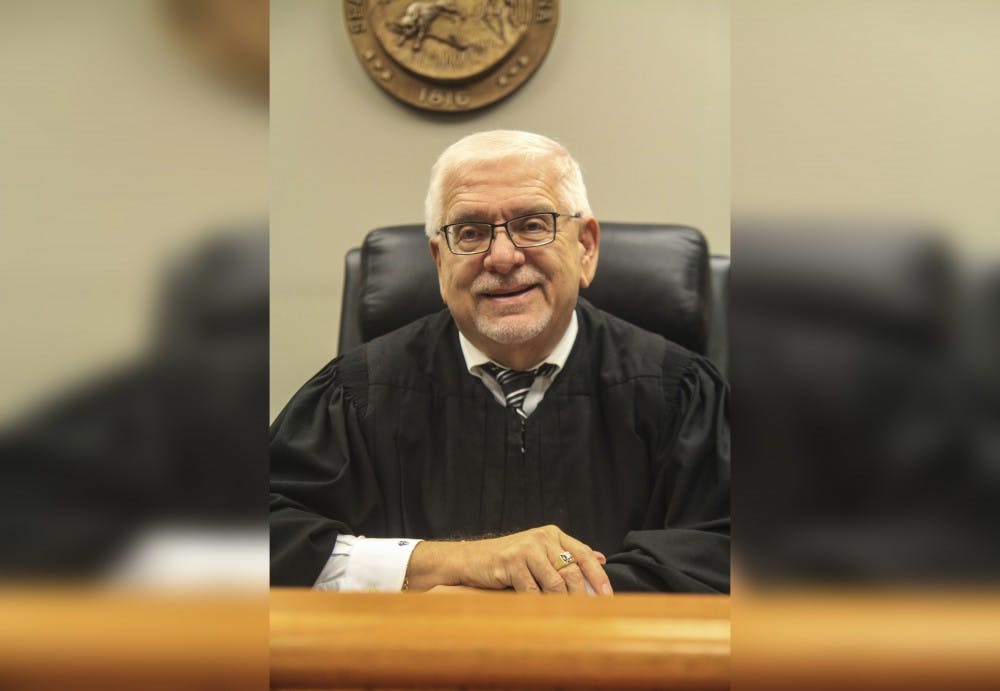 <p>Judge Marc Kellams sits in the courtroom at the Monroe County Zietlow Justice Building. Kellams joined the Monroe County Court in 1981.</p>