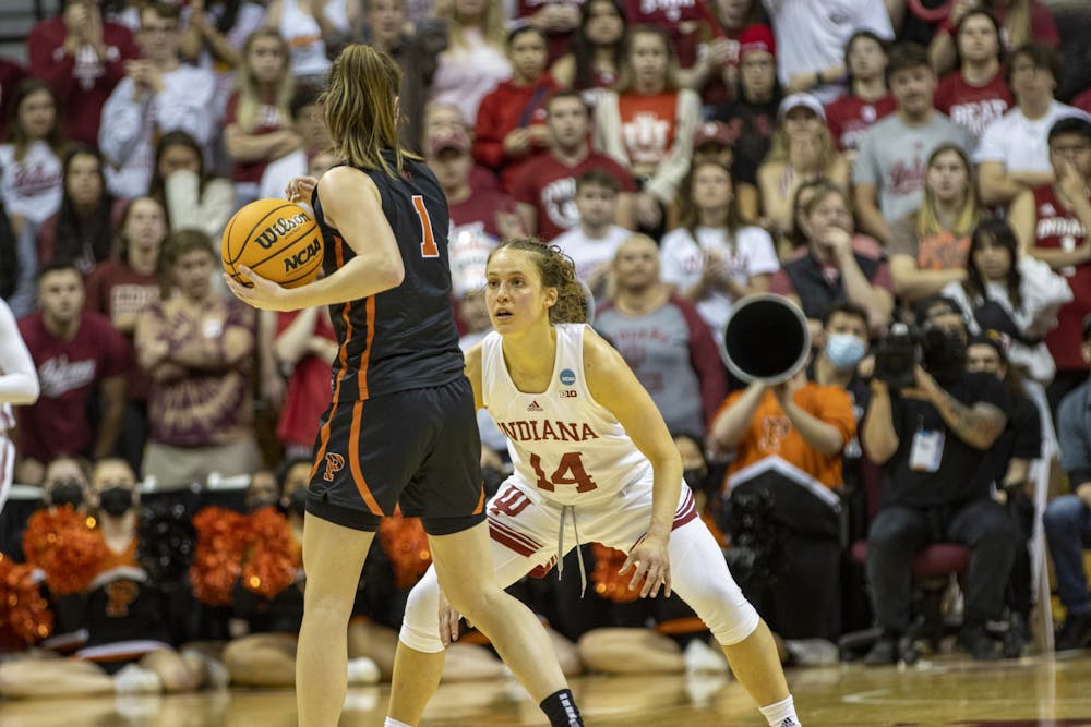 <p>Graduate guard Ali Patberg guards the Princeton University ballhandler on one of the final possessions of the Second Round game on March 21, 2022, at Simon Skjodt Assembly Hall. Ali Patberg played her final game in Assembly Hall in Monday night’s win over Princeton. </p>