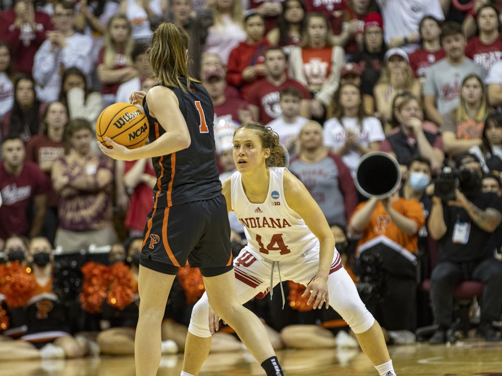 Graduate guard Ali Patberg guards the Princeton University ballhandler on one of the final possessions of the Second Round game on March 21, 2022, at Simon Skjodt Assembly Hall. Ali Patberg played her final game in Assembly Hall in Monday night’s win over Princeton. 