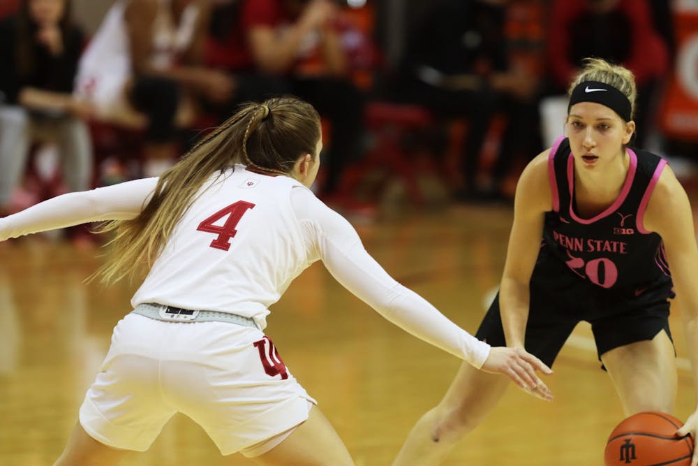 <p>Senior guard Nicole Cardaño-Hillary guards Penn State&#x27;s Makenna Marisa Wednesday in Simon Skjodt Assembly Hall during a game against the Lady Lions. Cardaño-Hillary scored 9 points in the Hoosiers 90-65 win.</p>
