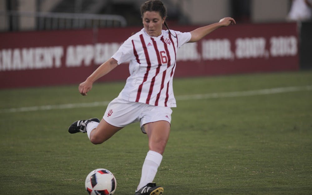 Freshman Julia De Angelis makes a goal attempt early in the first half.  The IU women's soccer team tied number 13 ranked Penn State 1-1 Thursday.