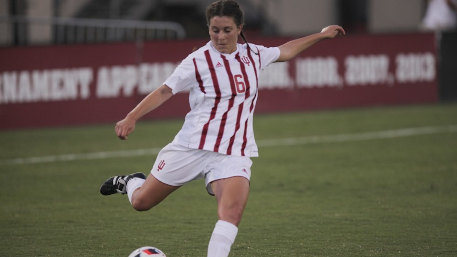 Freshman Julia De Angelis makes a goal attempt early in the first half.  The IU women's soccer team tied number 13 ranked Penn State 1-1 Thursday.