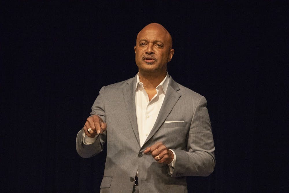 <p>Indiana Attorney General Curtis Hill speaks during a Grassroots Conservatives meeting May 13 in the Monroe County Public Library. “You’re here because you believe in America,” he said.</p>