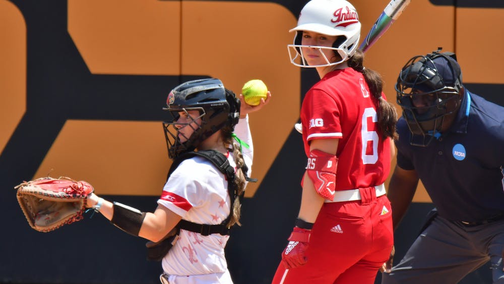 Indiana softball junior Brooke Benson in an at-bat against the University of Louisville May 21 at Sherri Parker Lee Stadium in Knoxville, Tennessee. Indiana beat the Cardinals 4-2 in the elimination game but fell to the University of Tennessee in the NCAA Tournament regional final. 