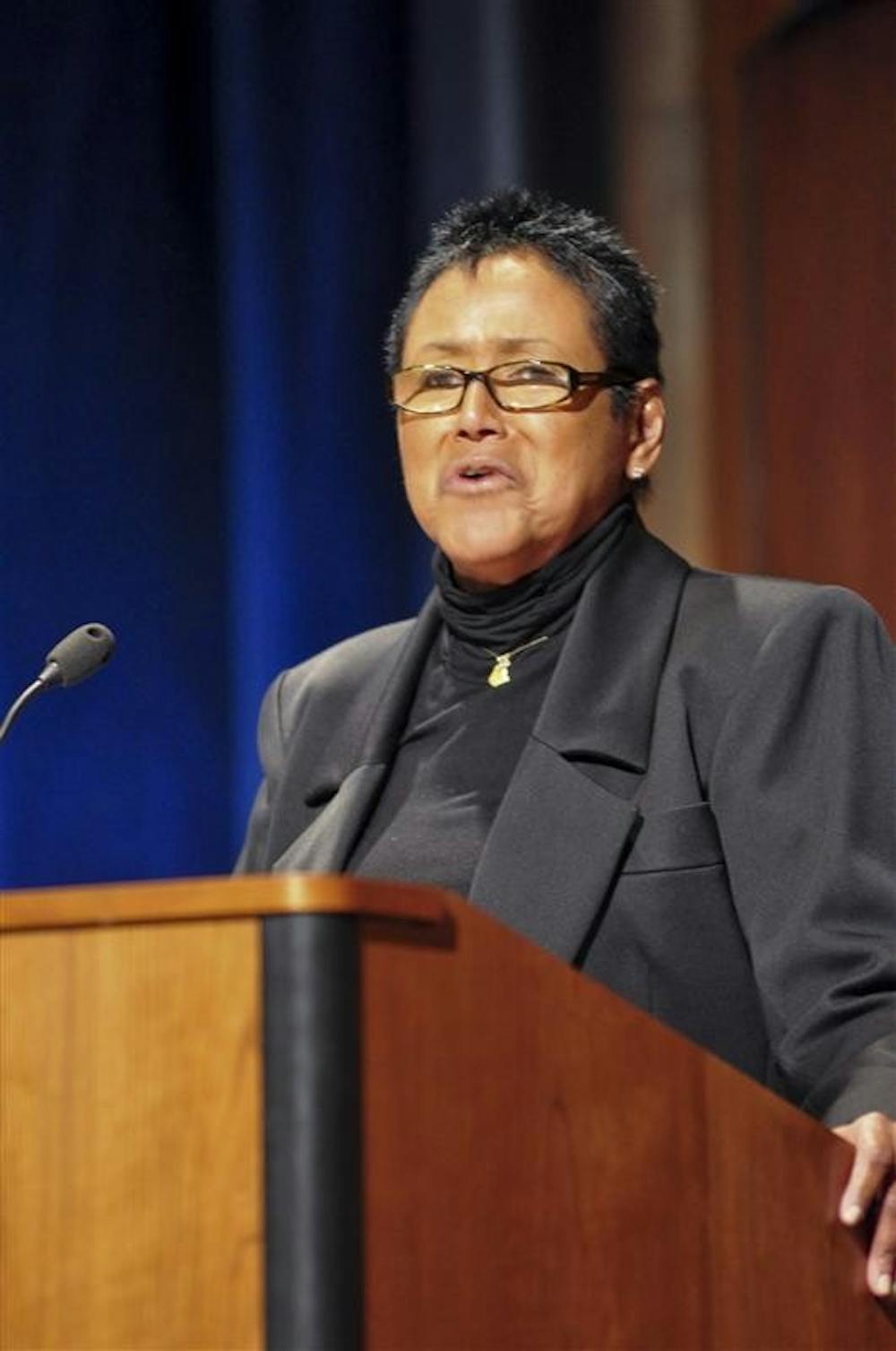 Elaine Brown speaks Sunday at the Whittenberger Auditorium as part of IU's Dr. Martin Luther King, Jr. Celebration activities. Brown, an activist, author, and singer, was the first and only woman to lead the Black Panther Party.