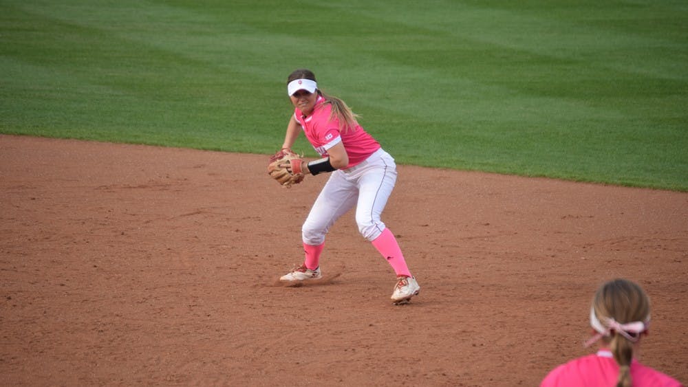 Senior second baseman Erin Lehman fields the ball to make an easy play at first on April 19 against Kentucky. Lehman is one of the four IU seniors set to be honored this weekend. 