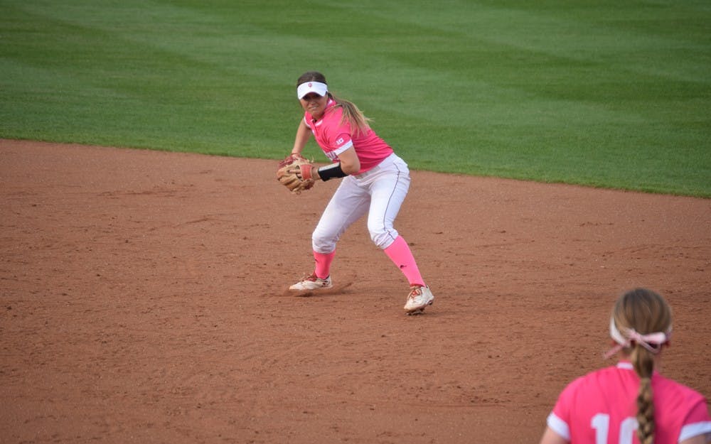 Senior second baseman Erin Lehman fields the ball to make an easy play at first on April 19 against Kentucky. Lehman is one of the four IU seniors set to be honored this weekend.&nbsp;