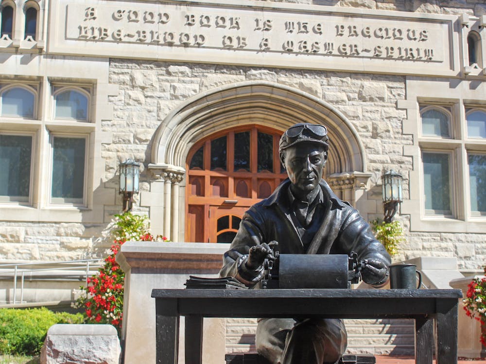 The Ernie Pyle statue is photographed on Aug. 30, 2023, outside Franklin Hall. Ernie Pyle is an important person in IU&#x27;s history as well the United States&#x27; history. 