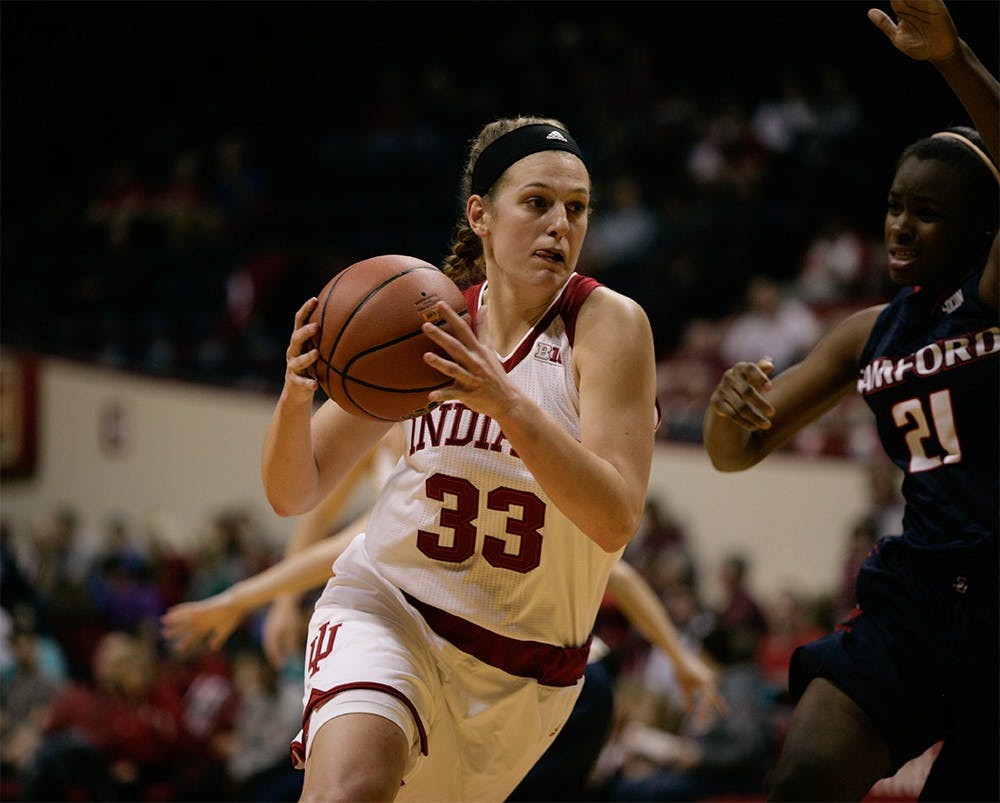 Sophomore forward Amanda Cahill moves the ball up the court. Cahill was second in scoring against Samford, sinking 19 baskets along with 11 rebounds. The Hoosiers beat Samford 65-56 in December.