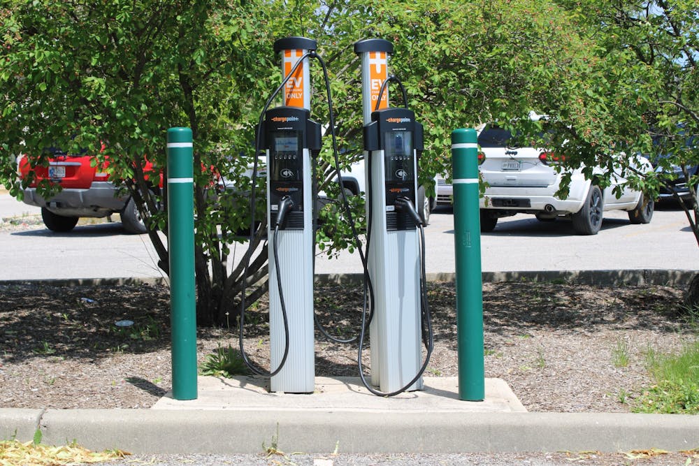 <p>An electric charging station is seen May 29, 2022, at College Mall. Stellantis and Samsung will construct an electric vehicle battery plant in Kokomo, Indiana.</p>