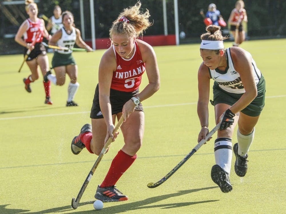 Then-freshman forward Hailey Couch keeps the ball away from Michigan State back Baily Higgins on Oct. 5, 2018, at the IU Field Hockey Complex. Indiana is set to face Big Ten opponent Iowa on the road Friday before coming home to face Longwood University on Sunday.