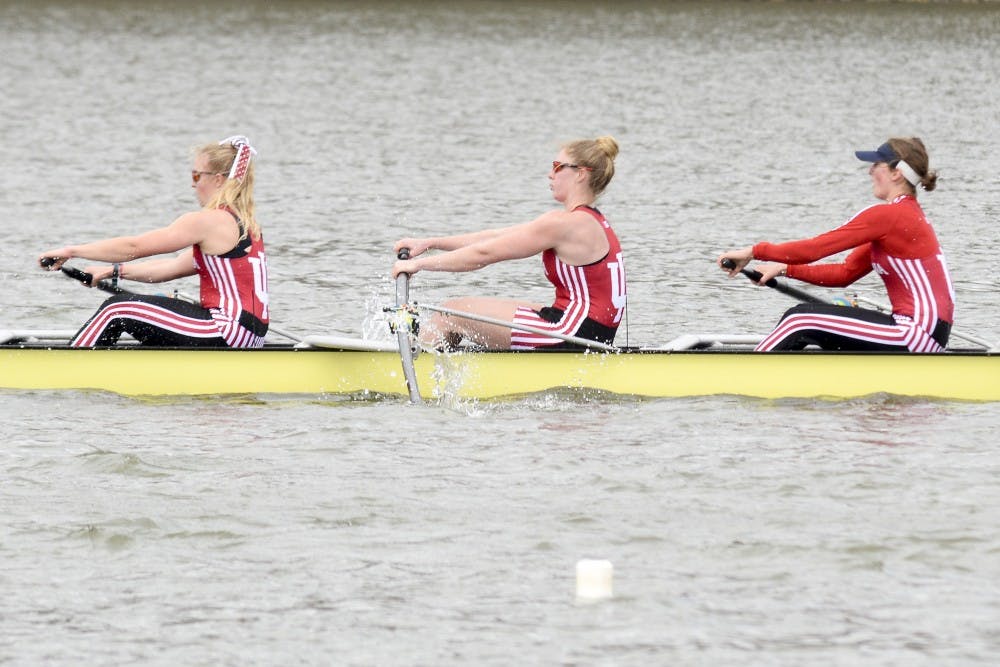 Members of IU women rowing team row during the competition. Indiana Roawing team rank 16th after the competitive spring season on Saturday at Lake Lemon with Ohio State, Michigan , Wisconsin , Iowa , Indiana and Michigan State .