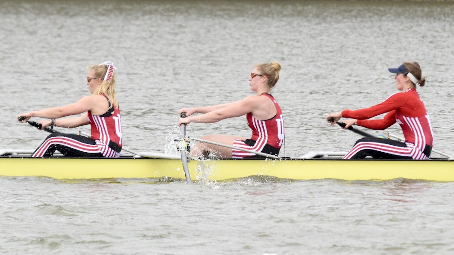 Members of IU women rowing team row during the competition. Indiana Roawing team rank 16th after the competitive spring season on Saturday at Lake Lemon with Ohio State, Michigan , Wisconsin , Iowa , Indiana and Michigan State .